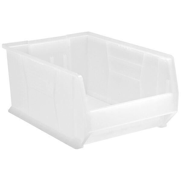 A Quantum clear plastic bin with a lid.