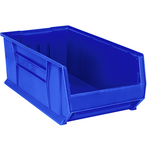 A Quantum blue plastic bin with a lid.