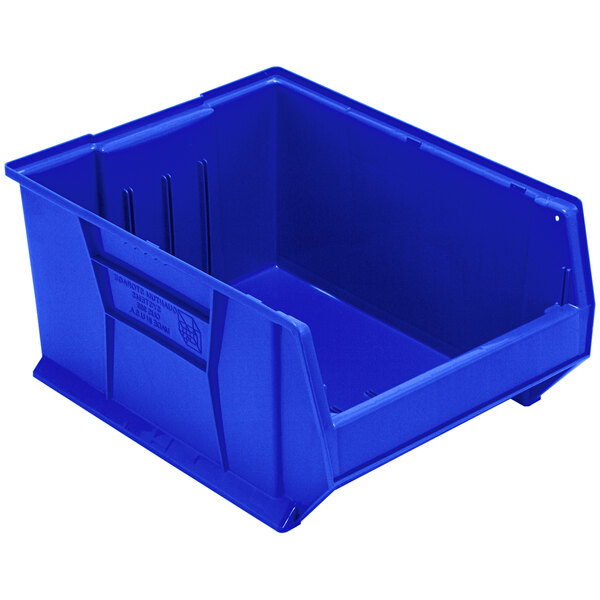 A Quantum blue plastic bin with a lid.