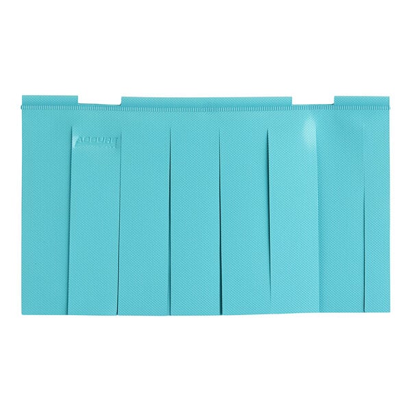 A blue rectangular dishwasher curtain with a black border.