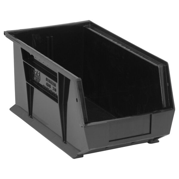 A Quantum black plastic hanging bin with a handle.