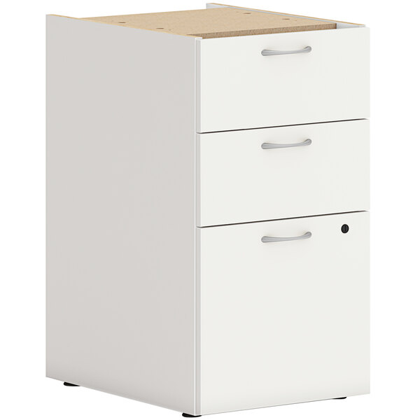 A Simply White HON file pedestal with 1 file drawer and 2 box drawers.