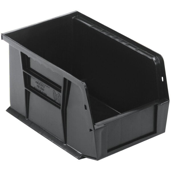 A black plastic Quantum hanging bin with a handle.