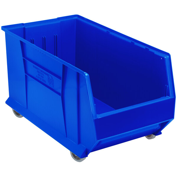 A Quantum blue plastic storage bin with wheels.