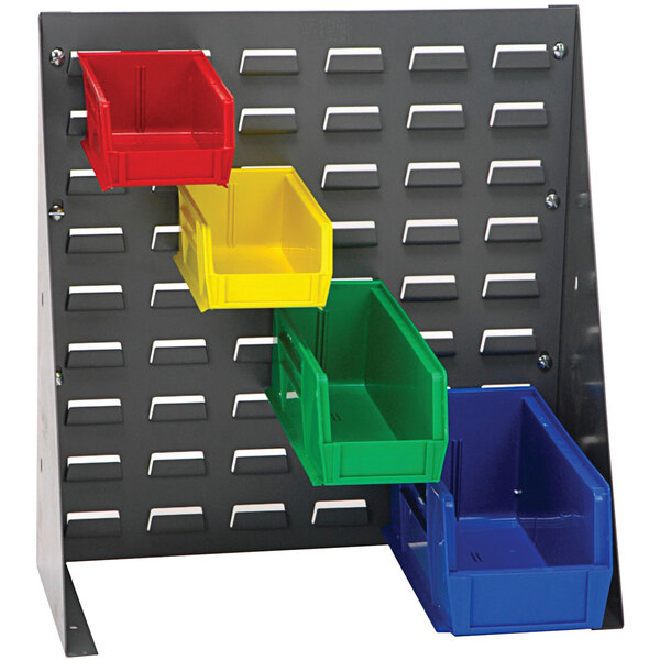 A Quantum grey steel bench rack with multicolored bins on it.
