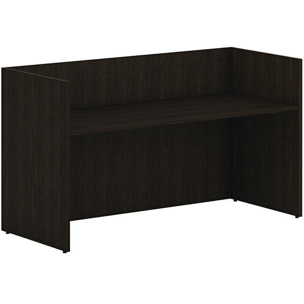 A java oak reception desk shell with a black base.