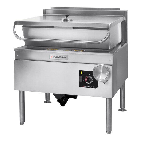 A Cleveland stainless steel liquid propane tilt skillet on a counter.