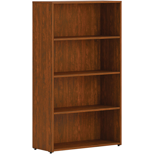 A russet cherry laminate HON bookcase with four shelves.