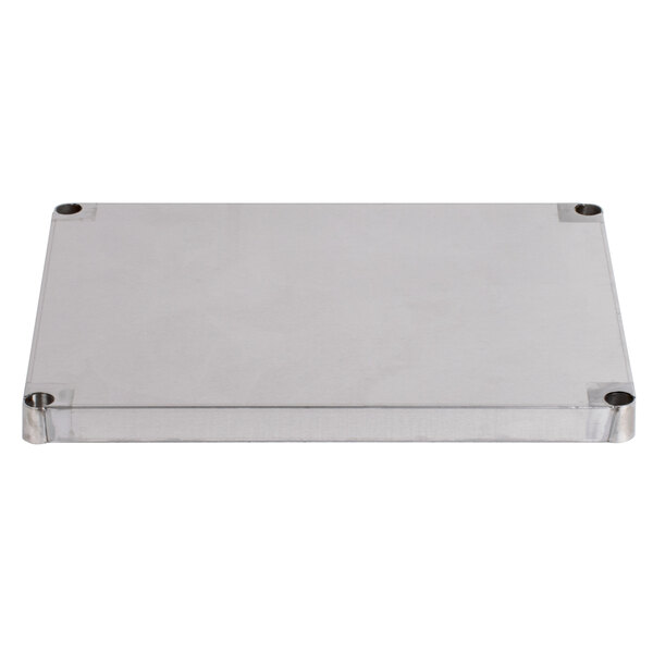An Advance Tabco stainless steel shelf with metal corners.