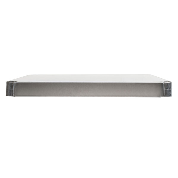 A rectangular stainless steel shelf with a white background.