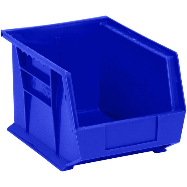 A blue plastic Quantum hanging bin.