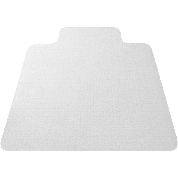 A clear vinyl chair mat with a square pattern and small studs.