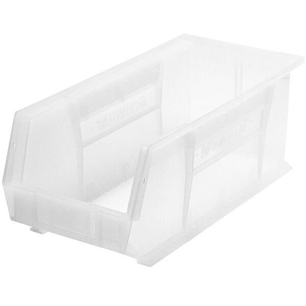 A close-up of a Quantum clear plastic hanging bin with a lid.