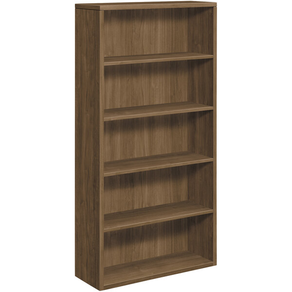 A wooden HON Pinnacle bookcase with shelves.