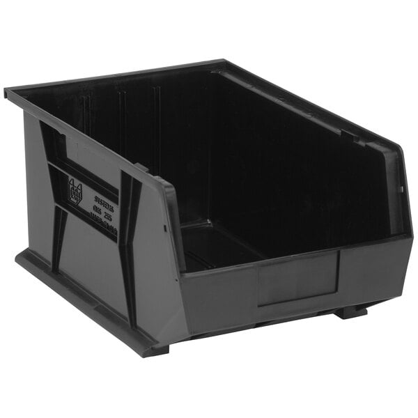 A black plastic Quantum hanging bin with a lid.
