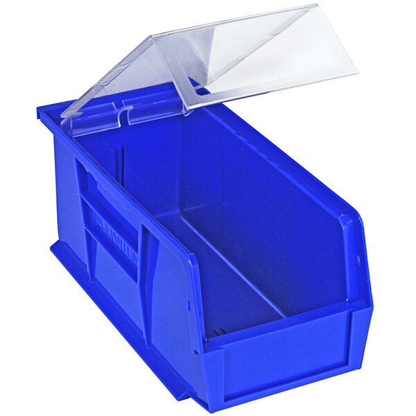 A Quantum blue plastic bin with a clear lid.