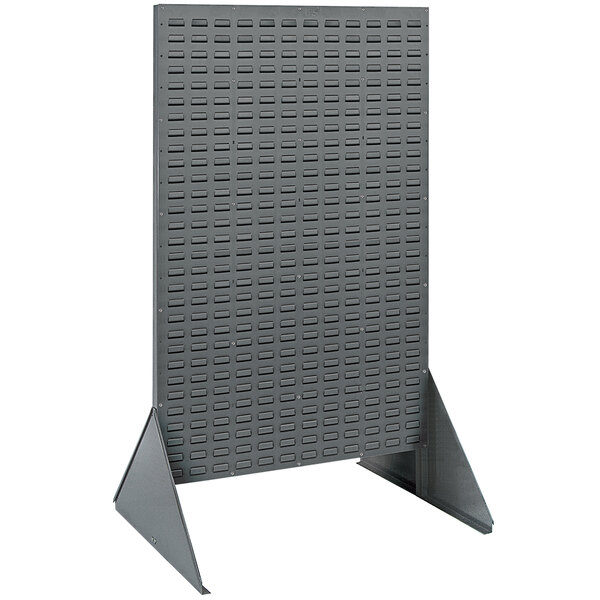 A grey steel double-sided louvered rack with rectangular holes.