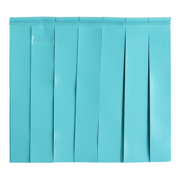A blue plastic rectangular curtain with pleated edges and a white stripe on the bottom.