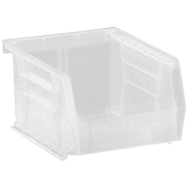 A Quantum clear plastic hanging bin with lid.