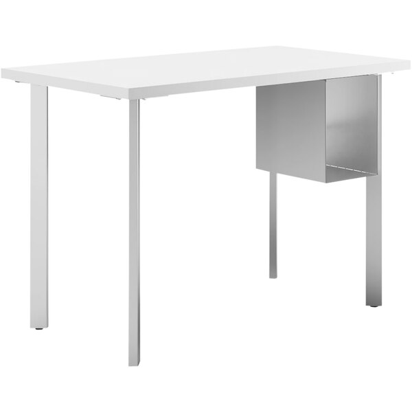 A white desk with a U-shaped storage shelf.