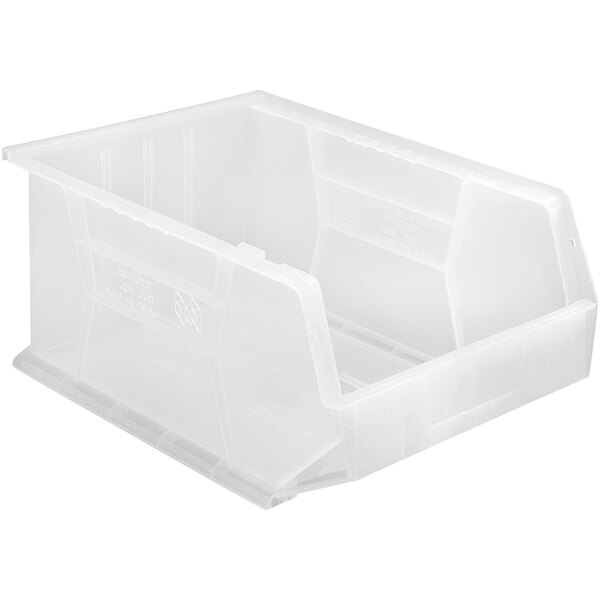 A Quantum clear plastic bin with a lid.