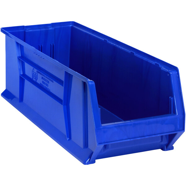 A Quantum blue plastic bin with a lid.