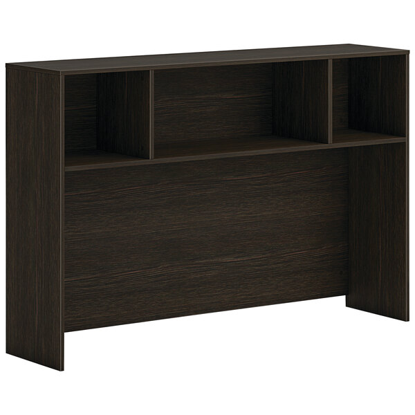 A Java oak laminate desk hutch with shelves.