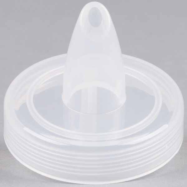 A white plastic GET Juice pour lid with a pointy tip.