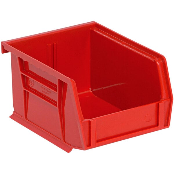 A Quantum red plastic hanging bin with a handle.