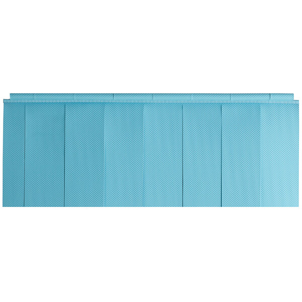 A blue rectangular dishwasher curtain with a black handle.