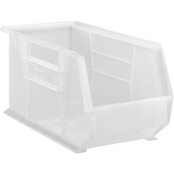 A Quantum clear plastic hanging bin with a handle and clear lid.