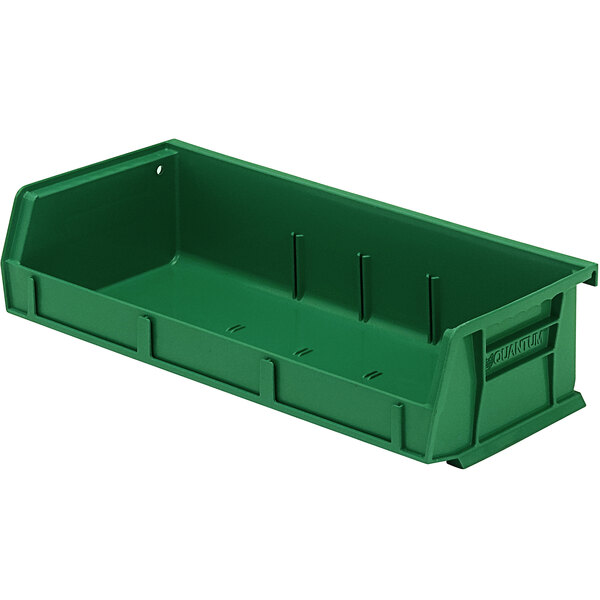 A green plastic bin with holes for hanging.