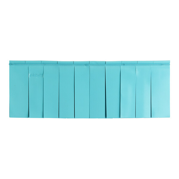 A blue rectangular dishwasher curtain with a black border.