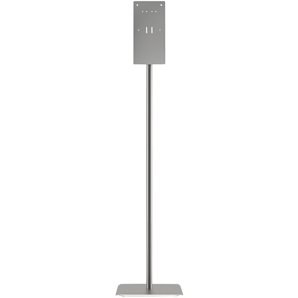 A silver metal stand with a rectangular sign on it.