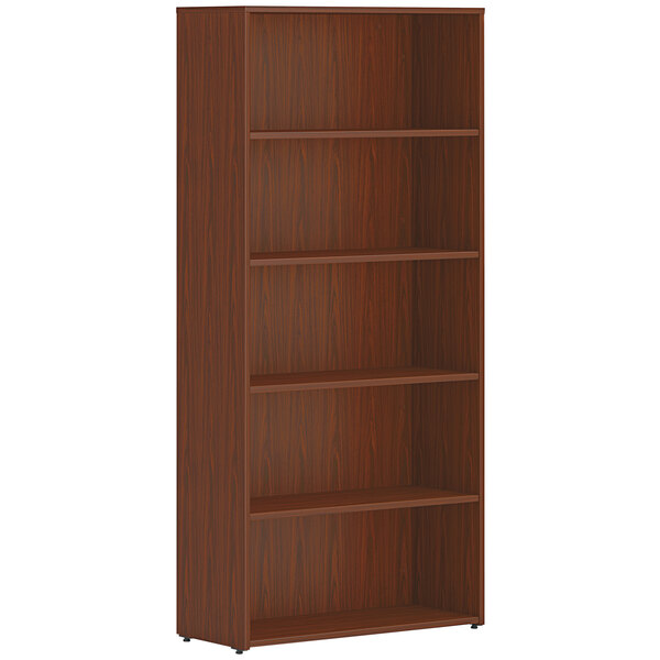 A mahogany HON bookcase with five shelves.