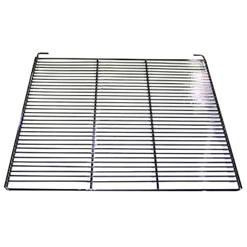 A chrome wire shelf with a metal grid.