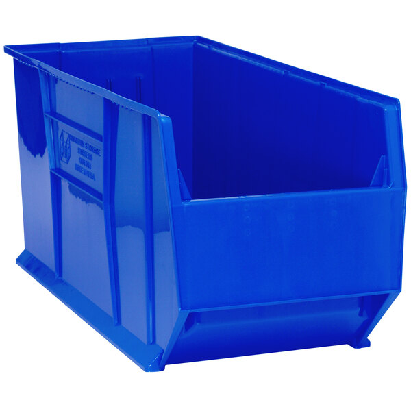 A Quantum blue plastic bin with a lid.