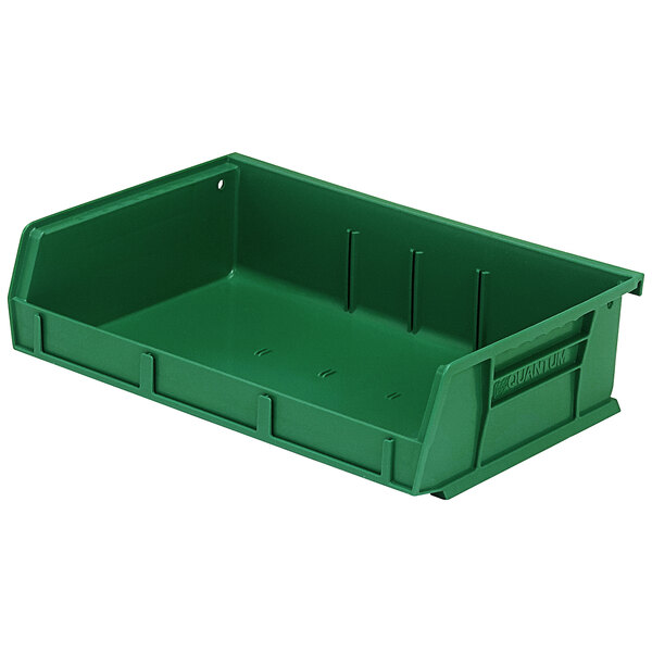 A green plastic bin with holes.