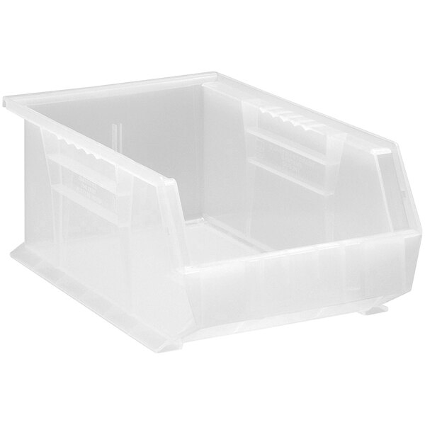 A Quantum clear plastic hanging bin with a lid.
