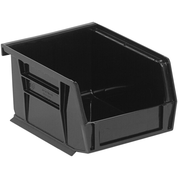 A Quantum black plastic hanging bin with a handle.