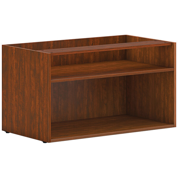 A HON russet cherry wooden storage credenza shell with shelves.