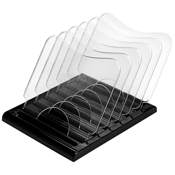 A black and clear plastic holder with plastic folders inside.