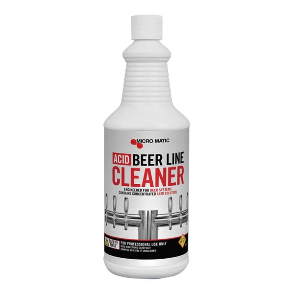 A white Micro Matic bottle of beer line cleaner with a white cap and label.