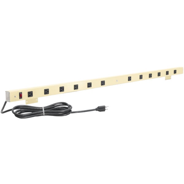 A BenchPro beige mountable power strip with a long black cord.