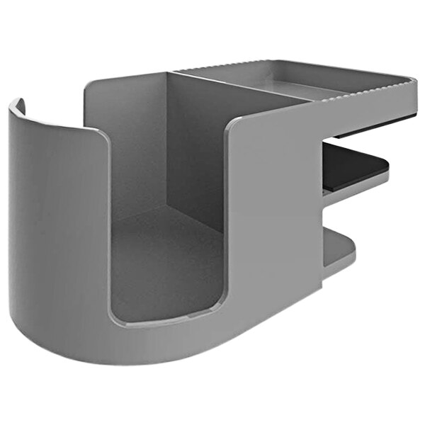 A grey Deflecto desk cup holder and organizer with two compartments.