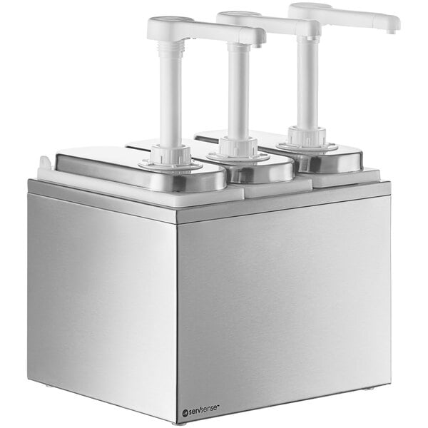 A silver stainless steel square container with three white plastic tubes.