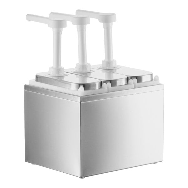 ServSense Triple 1 Qt. Stainless Steel Condiment Dispenser - 3 Plastic Pumps, 1 oz. Portions