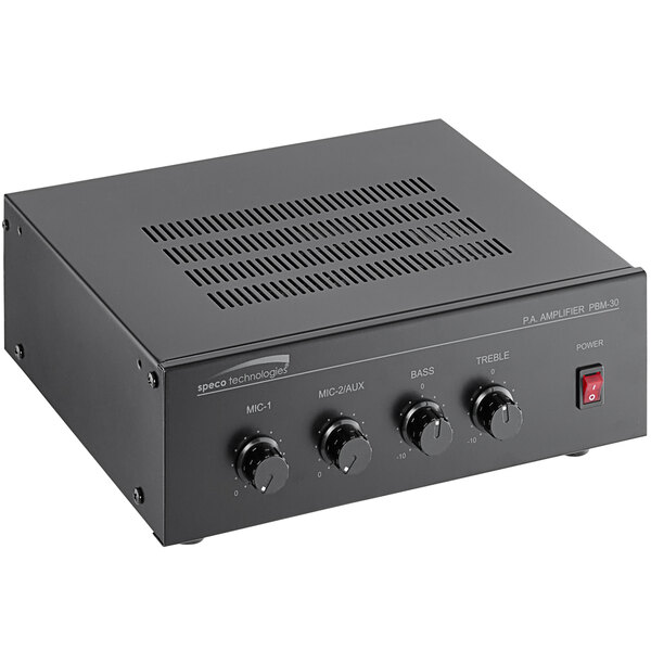 A black Speco Technologies Contractor Series PA Amplifier with three knobs and a red button.