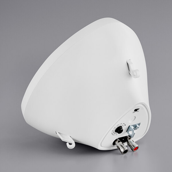 A white pendant speaker with connectors and wires hanging from it.