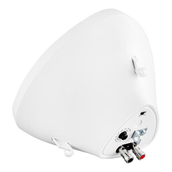 A white pendant speaker with a hanging chain and audio input connectors.